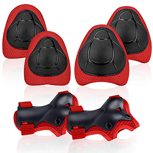 Protecciones Skate Niño, 6 Pack Juego de Protección Rodilleras y Cojines de Codo para Niños Patinaje Ciclismo Bicicleta Monopatín Juego de Equipo de protección para Niño,Rojo