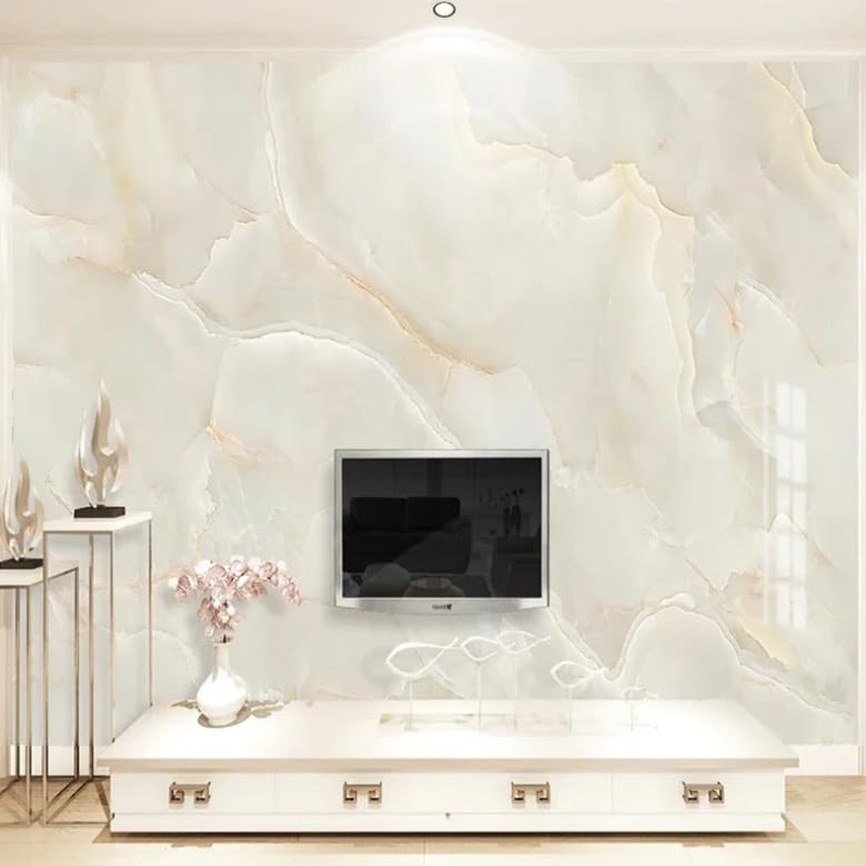Papier peint marbre beige salon moderne derriere canape TV - 2