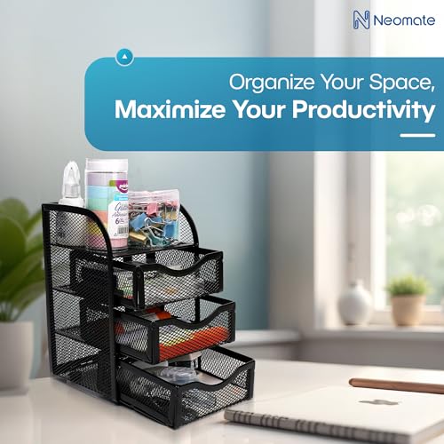 Image of Neomate 3-Drawer Metal Mesh Mini Desk Organizer with Top Tray | Multi-Purpose Stationery Storage for Home & Office | Black -13D x 12.5W x 20H cm