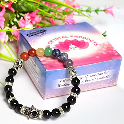 Image of Reiki Crystal Products Certified Natural Crystal Stone 7 Chakra with Hamsa 8 mm Round Beads Bracelet for Men & Women | Reiki Charged Gemstone Bracelet | Multiple Stone Variants Available
