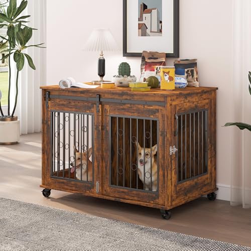 GOWE Sliding Door Dog Cage with Partition for Two Puppies, Rustic Brown, 39.37'' W x 25.20'' D x 28.94'' H