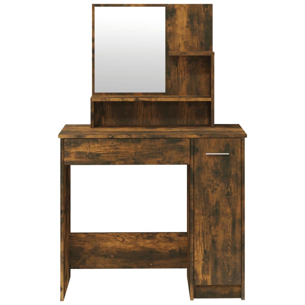 Set Tavolo da Toeletta Rovere Fumo con Specchio e Sgabello, 86,5x35x136 cm, Mobiletto con Cassetto e Portaoggetti, Consolle Salvaspazio per Camera da Letto, Organizzatore Trucco e Make up