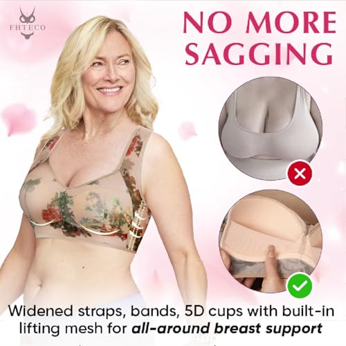 Fhteco Floral Bras For Older Women Breathable Mesh T-Shirt Bra No Wire Bras For Women Soft Plus Size Bras Comfortable Bra thumb #4