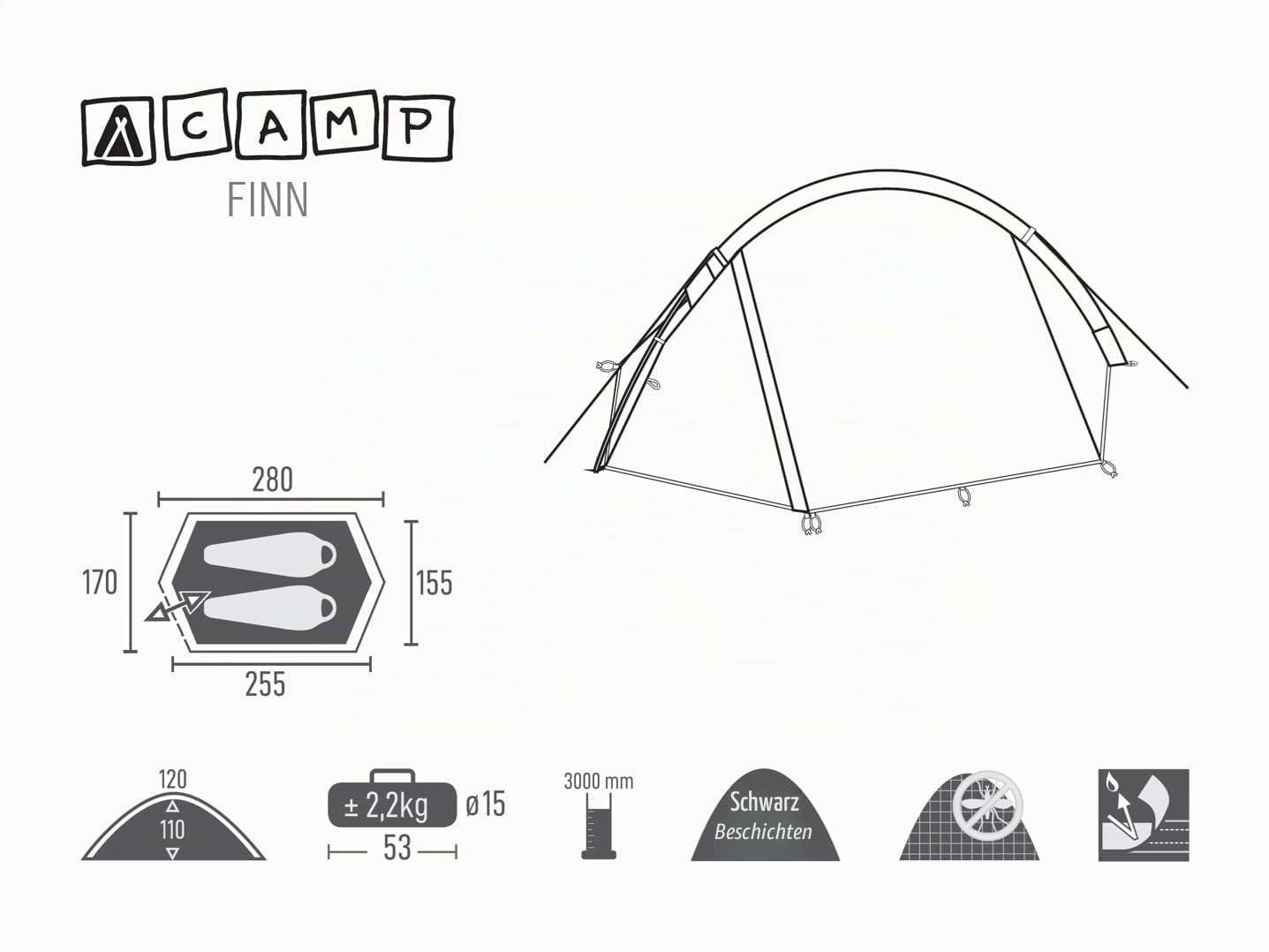 Finn - Zelt 2 Personen 280x170x120cm Ultraleicht – Robustes Bikepacking Zelt mit Vorzelt & Insektenschutz - Für Camping & Outdoor - 2 Mann Zelt mit abgedunkelter Black Coat Innenbeschichtung