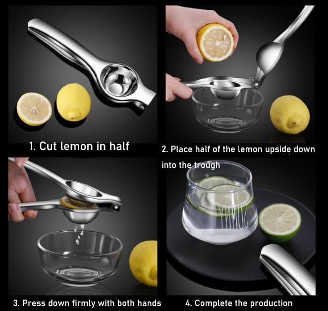 Miniatura 4 de Exprimidor de limón de acero inoxidable, exprimidor de cítricos de mano duradero con alto rendimiento de jugo, acabado pulido de espejo y agarre