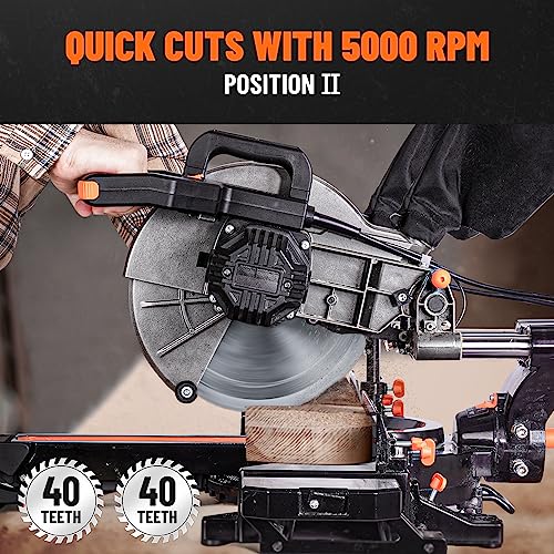 DOVAMAN Updated 10-Inch Sliding Miter Saw, Multi-Material Cutting w/ 3 x TCT Blades, Ambidextrous Operation, 5000/3200RPM Speed, Laser Guide, 0-45° Bevel Cut, Max Cut 3.5x13.4in, 9 Positive Stops