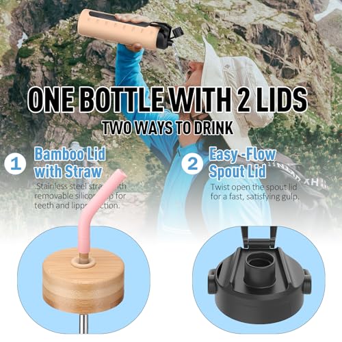 Image of 32oz Glass Water Bottle with Straw and 2 Lids, Pink