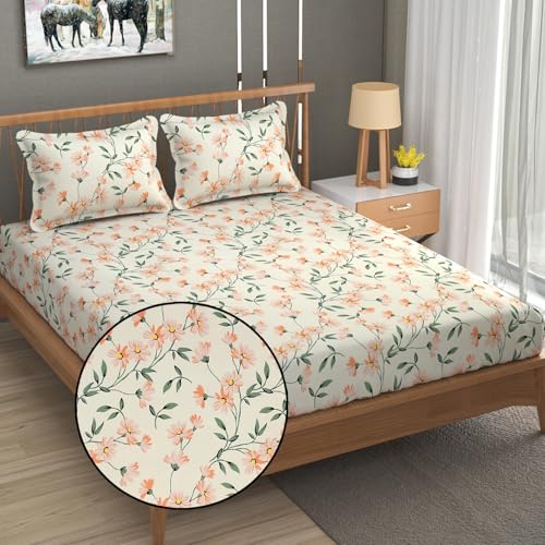 Image of FRESH FROM LOOM King Size Microfiber Floral Print Fitted Bedsheet - 240 TC, Hypoallergenic, Includes 2 Pillow Covers (Size - 78 x 72 Inches (Fits up to 10 Inch) | Barely-Peach)