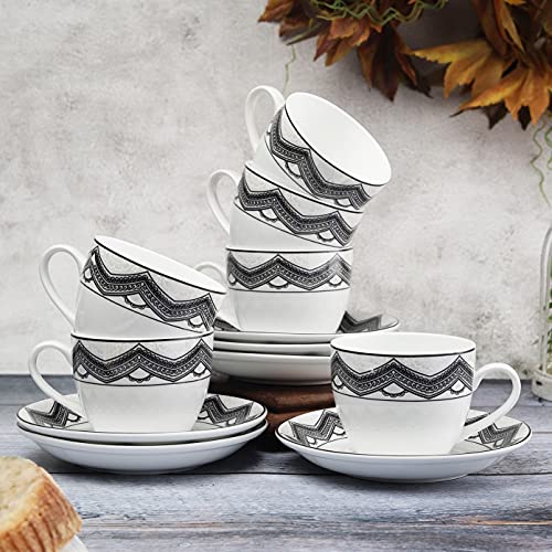 Image of Clay Craft Fine Ceramic Cup and Saucer Set of 12 (6 Tea Cups + 6 Saucers) White Black Can Be Used for Birthdays, Anniversaries, Parties, Mother, Father, Sister, Grey, Medium (CC-CS12-CREAM-S344)