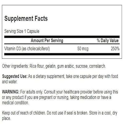 Swanson Higher Potency Vitamin D-3 2000 Iu - Sunshine Vitamin Bone, Immune Support (50 mcg) 250 Capsules