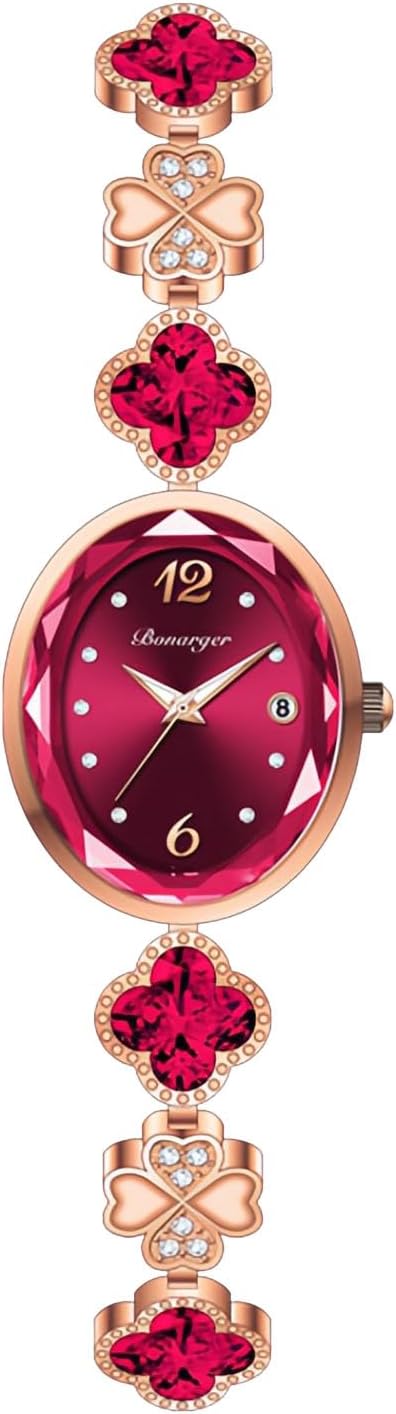 Gosasa Stylish Women's Bracelet Petal Oval Quartz Watch Luxury Elegant Dress Four-Leaf Clover Waterproof Ladies Diamond Wristwatch with Date