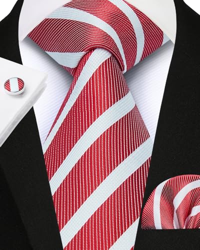 Image of Enlision Mens Ties Stripe Tie and Pocket Square Set Classic Formal Woven Neckties Handkerchief Cufflinks Wedding