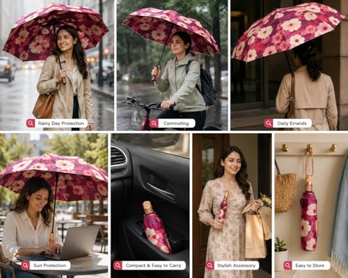 Image of BENAVJI Umbrella for Women -3 Fold, UV Coated, Auto Open Close- Printed Design Umberallas for Ladies, Girls and Men