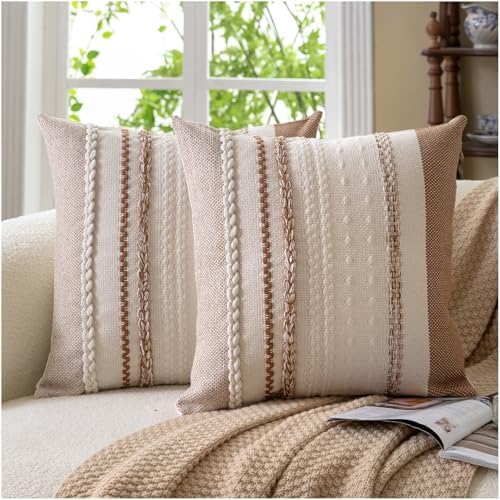 Cethom Boho Throw Pillow Covers 20x20 Inch Set of 2, Brown Textur...