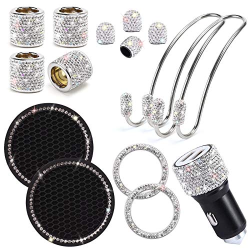 ToBeQueen Bling Car Accessories Set for Women Girl, Bling Head Rest Collars Rings,Bling Dual USB Car Charger,Bling Car Hook Backseat,Bling Cup Holder,Bling Tire Valve Stem Caps,Car Bling Rings(White)