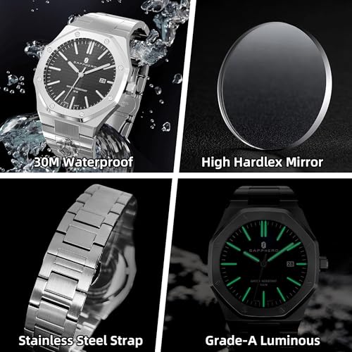 Image of Sapphero Watches for Men Waterproof Luminous Watches with Date Dial Chronograph Analog Quartz Movement Steel Stainless Business Wrist Watches Mens Gifts