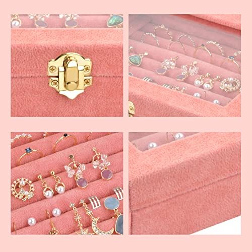 Fangehong 7 Slots Jewellery Box for Ring Earring, Velvet Jewelry Display Tray, Jewelry Storage Case Organiser with Clear Glass Lid for Women Girls Stud Earring Holder (15x20cm, Pink)