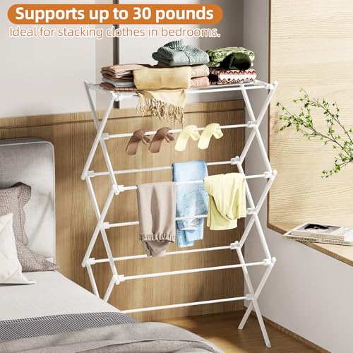 Image of Drying Rack Clothing, 3-Tier Clothes Drying Rack Foldable, Antirust Laundry Drying Rack Collapsible Use for Indoor & Outdoor, 11.8 inch D x 34.6 inch W x 35.4 inch H, White