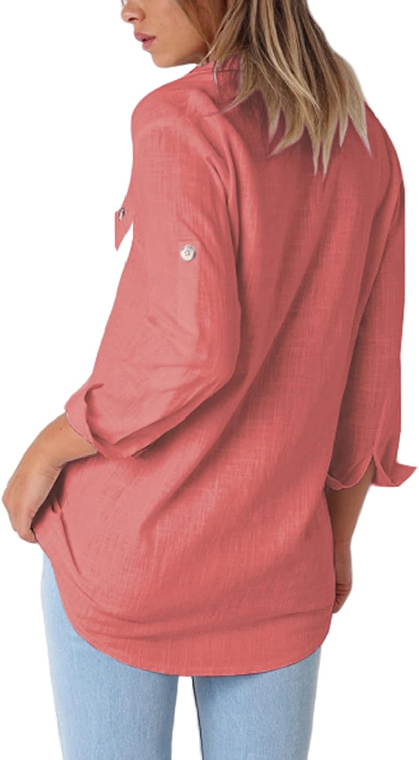 Vetinee Women's Casual Button Down Blouse Shirts Cuffed Sleeve Loose T-Shirt Tops Small Procelain Rose