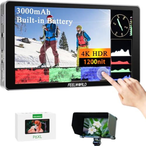 Image of FEELWORLD P6XL 6 Inch Camera Monitor, 1200nit IPS Touch Screen 1920x1080 Built-in 3000mAh Battery Camera Field Monitor with Sunshade, Video Assist HDR Waveform Focus Peaking 3D LUT 4K HDMI