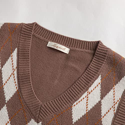 Image of Sweater Vest Women,Sleeveless V Neck Argyle Plaid Long Preppy Loose Knitted Casual School Sweaters Tank Top