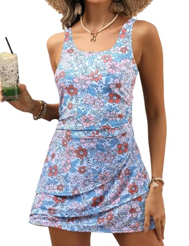 CiCiBird Women One Piece Swimdress Swimsuit Tummy Control Modest Swim Dress Bathing Suits Skirt Swimwear Purple Floral M