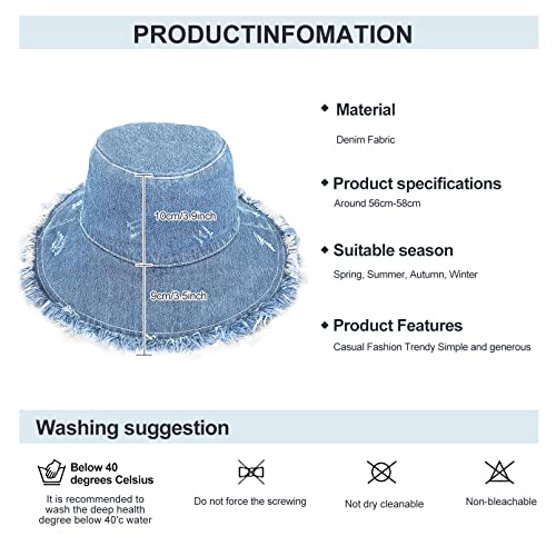 Rainflowwer Frayed Bucket Hat For Women, Girls Sky Blue Denim Fabric Hat,Trendy Washed Cotton Floppy Wide Brim Boonie Outdoor Summer Hat #TOP4