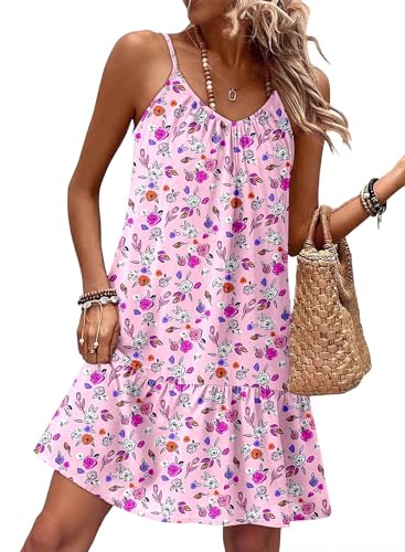 Image of Dokotoo Summer Dresses for Women 2026 Spaghetti Strap Sexy Deep V Neck Smocked Ruffle Flowy Boho Dresses