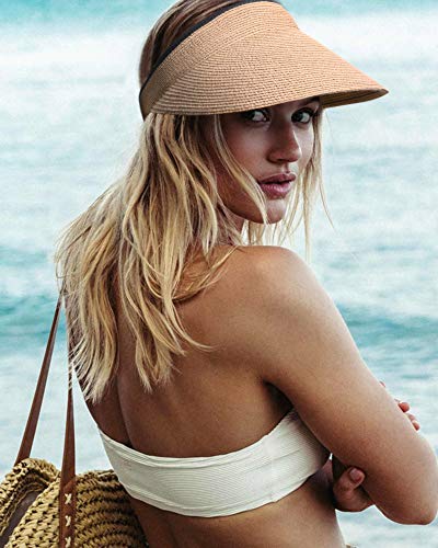 Furtalk Hat Straw Sun Visors For Women Summer Packable Ponytail Beach Hats For Travel Upf 50+ (Wide Brim Khaki, One Size) #TOP7