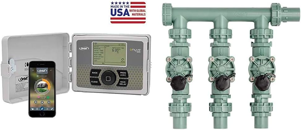 Orbit 57946 B-hyve Smart Indoor/Outdoor 6-Station WiFi Sprinkler System Controller & 57253 3-Valve Heavy Duty Preassembled Manifold