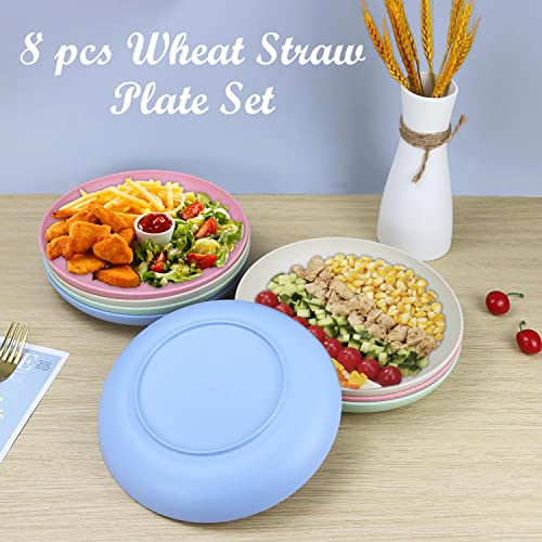 Image of Homienly Unbreakable Deep Dinner Plates Wheat Straw Plates Sets Microwave and Dishwasher Safe Plastic Plates for Kitchen, Camping, Picnic, 8 PCS Lightweight Plate for Dessert (Fresh Light, 10 inch)