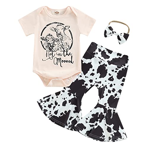 Image of Lefyira Cow Print Bell Bottoms Outfits Toddler Girl Short Sleeve Romper Rib Knit Button Bodysuit Flare Pants Clothes Western(C#104#Beige,0-6 Months)