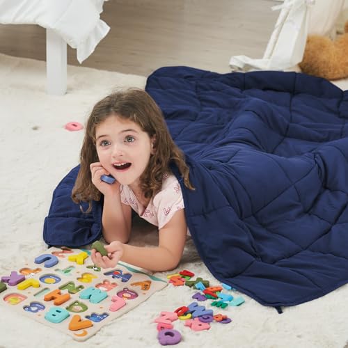 Weighted Blanket Kids (10lbs, 40"x60" Throw Size) - Cooling and Breathable Heavy Blanket for 80-120lbs with Premium Glass Beads - Soft Thick Blankets for All-Season Sleeping Comfort - Navy