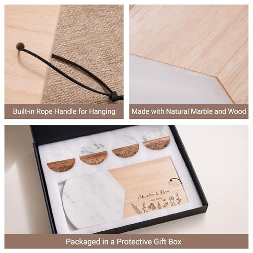 Juego de Tabla de Cortar de Madera y Mármol con Grabado Personalizado | Tabla para Quesos y Charcutería con Posavasos, Ideal como Regalo para Boda o Inauguración de Hogar miniatura 2