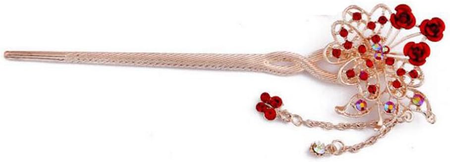 Rose Flower Rhinestone Chinese Style Hair Sticks Hairpin Pendant Fashion Jewelry For Women(Red)