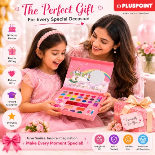 Image of PLUSPOINT Unicorn Kids Makeup Kit for Girls | Pretend Play Beauty Set | Non-Toxic Washable Makeup Toy | Eyeshadow, Blush, Lip Gloss & Accessories | Birthday Gift for Girls Age 5+ Years