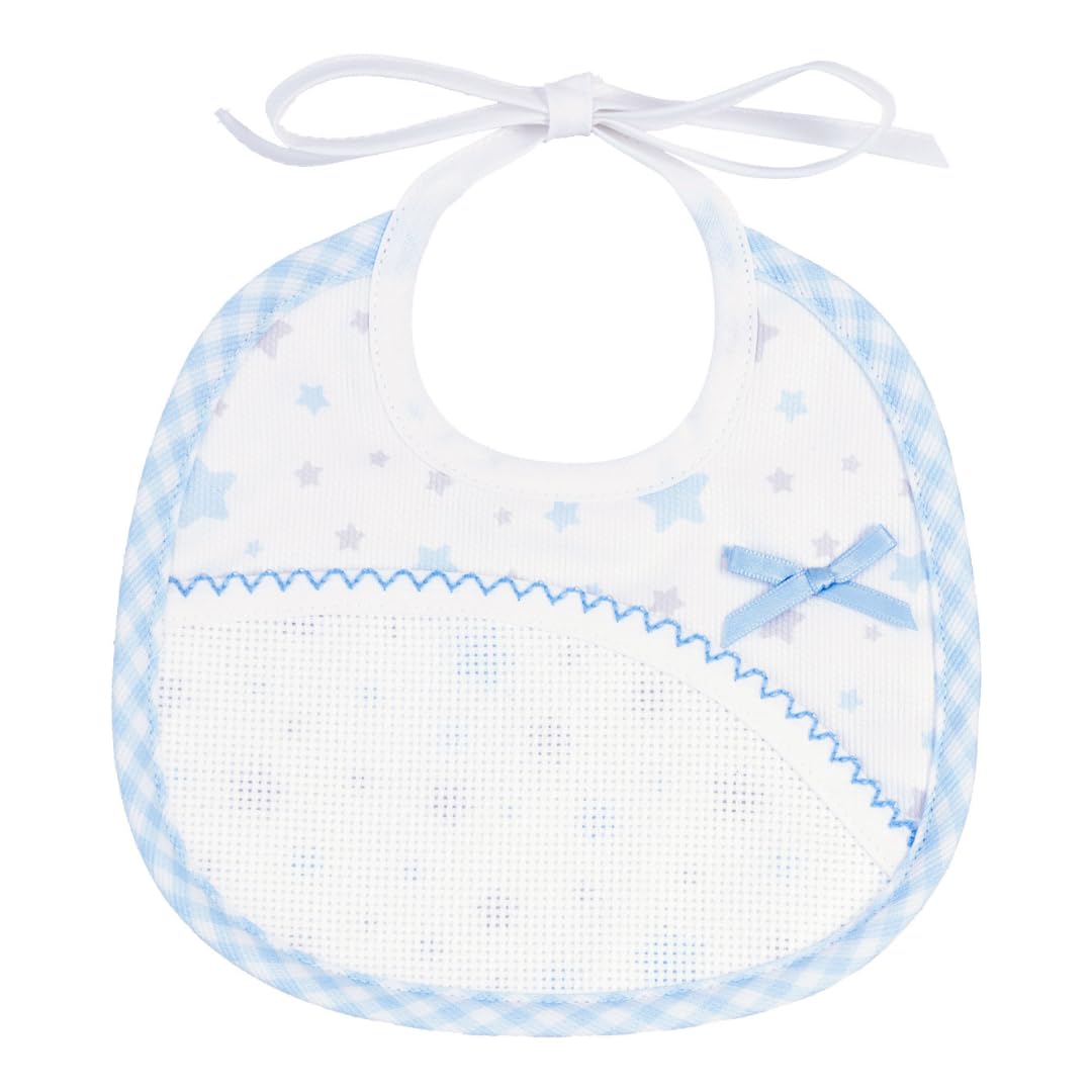 FILET - Baby Bib in Cotton Piquet with Multicolour Stars Print | Pocket in Aida to Embroider | Dims 18 x 18 cm | Made in Italy, Sky