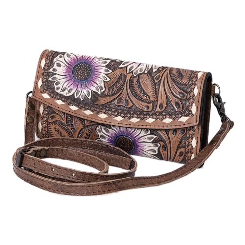 American Darling Women's Western Wristlet Wallet | Brown & White Purple Flower | 4in (H) X 9in (W) | 5 Compartments, 1 Zippered Pocket | Genuine Leather | Handcrafted Western Design