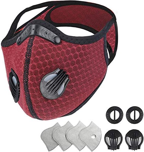 SENLIYA Dust Reusable Face Cover with Activated Carbon Filter and Valves,with 2 Replaceable Valves and 4 Replaceable Filters (Red)