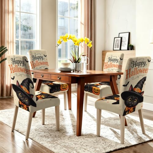Image of Halloween Cat Dining Chair Covers Set of 4, Witch Hat Slipcovers