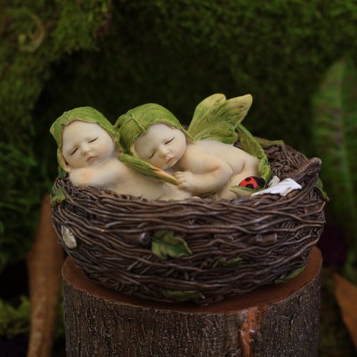 Top Collection 4207 Sleeping Fairy Twin Babies In Nest Figurines, Green, Brown, Tan #TOP1