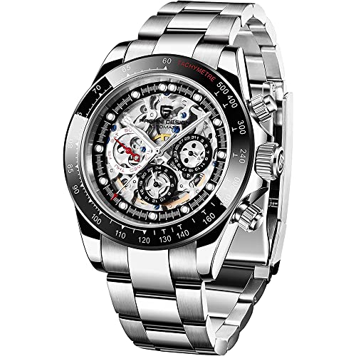 RollsTimi Pagani diseño de los Hombres Relojes automáticos de Diamantes Arco Iris automático mecánico Impermeable de Acero Inoxidable cronógrafo Esqueleto Hombres 40mm (Plata Negro)
