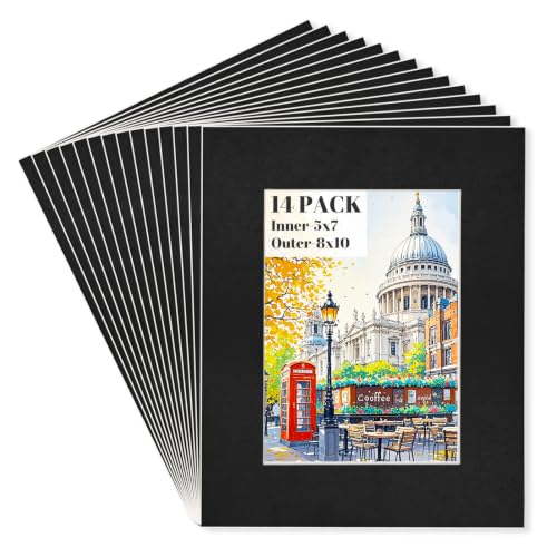 Egofine 8x10 Black Picture Mats Pack of 14, Frame Mattes for 5x7 Pictures, Acid Free, 1.2mm Thickness, with Core Bevel Cut