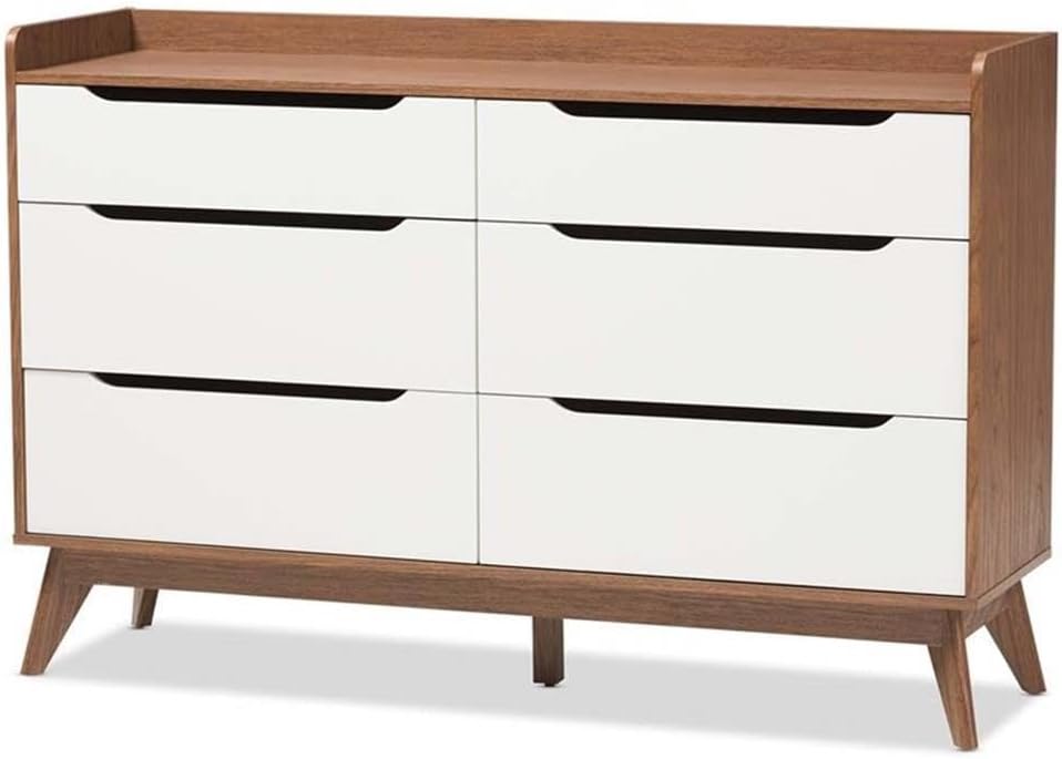 BOWERY HILL Mid-Century Modern 6-Drawer Double Dresser, 56.02 in Wide, Engineered Wood with White and Walnut Finish, Cut-Out Handles, Angled Legs, Bedroom Storage Furniture