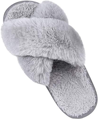 Women's Soft Plush Lightweight House Slippers Fuzzy Cross Band Slip on Open Toe Cozy Indoor Outdoor Slippers Grey Size 7-8
