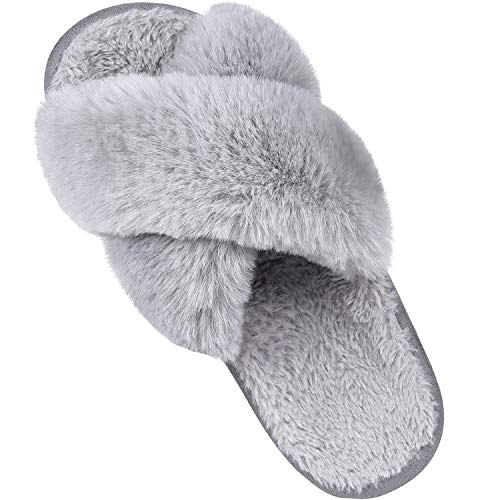 Women's Soft Plush Lightweight House Slippers Fuzzy Cross Band Slip on Open Toe Cozy Indoor Outdoor Slippers