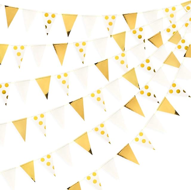 30 Ft White Gold Foil Polka Dot Pennant Banner Paper Triangle Flags Bunting Garland Streamer for Wedding Bridal Shower Birthday Bachelorette Engagement Anniversary New Year Holiday Party Decorations