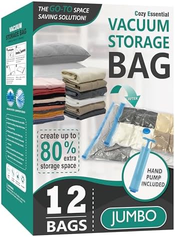 Cozy Essential 12 Jumbo Vacuum Storage Bags for Blankets & Bedding, Space Saver Bags | Jumbo Capacity for Bulky Bedding; 80% Space-Saving for Blankets, Comforters & Pillows; For Closets & Seasonal Sto