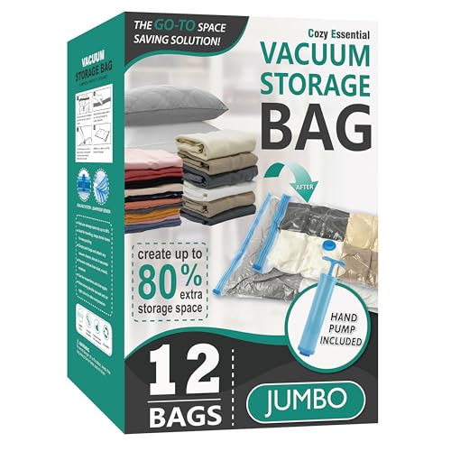 Image of Cozy Essential Vacuum Storage Bags, 80% Compression Vacuum Seal Space Saver Plastic Packaging Bags for Clothes, Blankets, Pillow, Bedding, Comforters, Sealer Clothing Storage,12 Jumbo