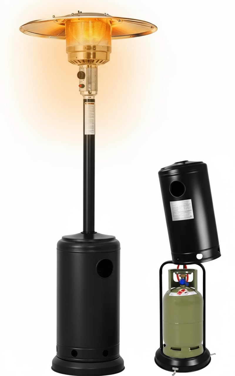 Fungo Riscaldante a Gas 14000 W Max 13kW Stufa Per Esterno Terrazzo Giardino Piscina Bar Locali Accensione Piezoelettrica 2 Modalità Potenza Con Ruote e Vano Bombola Da 15Kg 81 x 46 x 221 Cm Nero